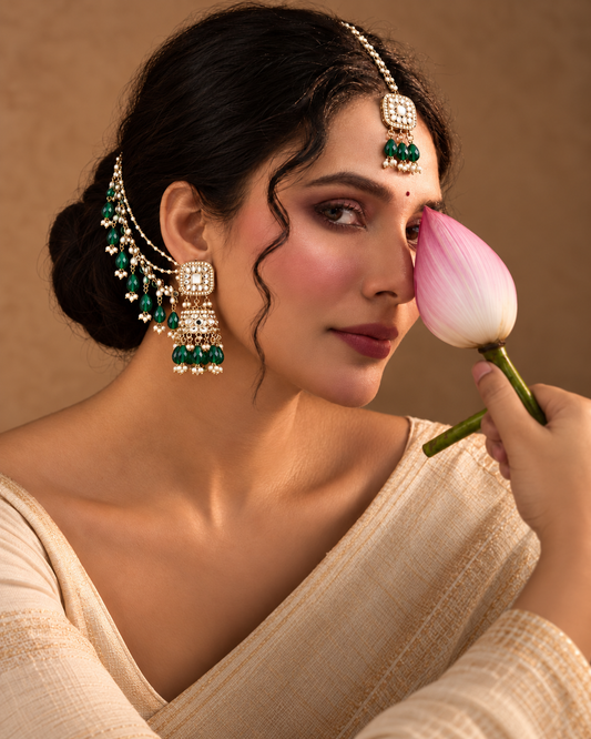 Green Aayat Bahubali Jhumka with Statement Kaan Chain and Teeka