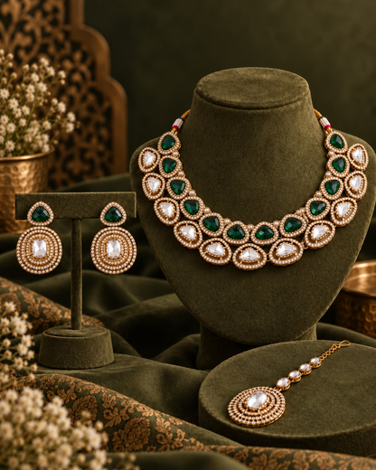 Green Rajnivanshi Premium Polki Dupe Necklace with Earring and Teeka