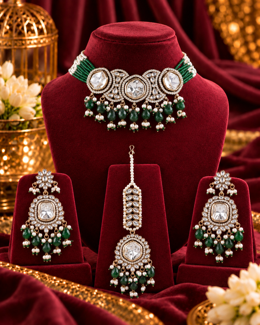 Green Aaradhika Premium Polki Dupe Choker Necklace With Earring & Teeka