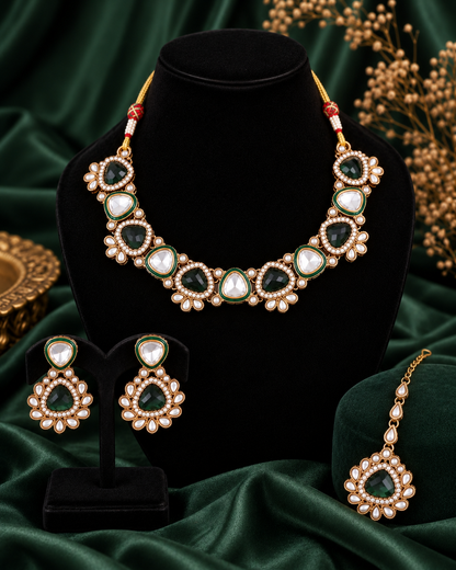 Green Kashvini Premium Polki Dupe Necklace Set With Earring & Teeka
