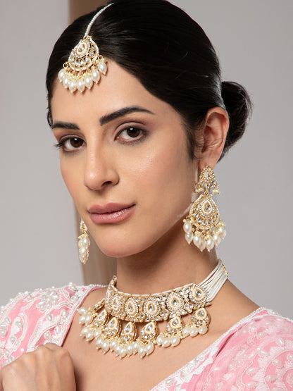 Pearl Devika Kundan Necklace Set with Chandbali Earring and Mangteeka