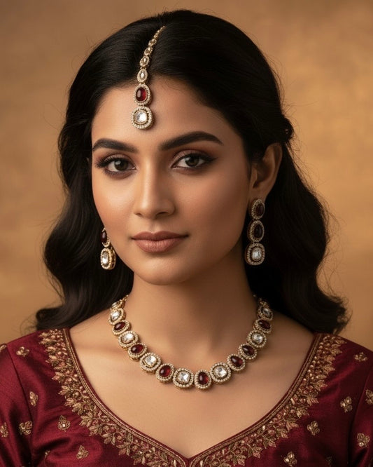 Ruby Rishita Premium Polki Dupe Necklace with Earring and Teeka