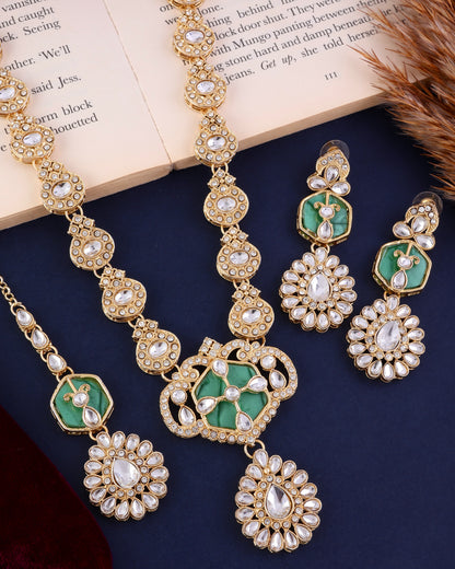 Green Vrinda Long Necklace Set with Earring and Teeka