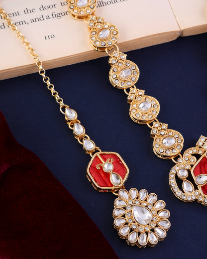 Red Vrinda Long Necklace Set with Earring and Teeka