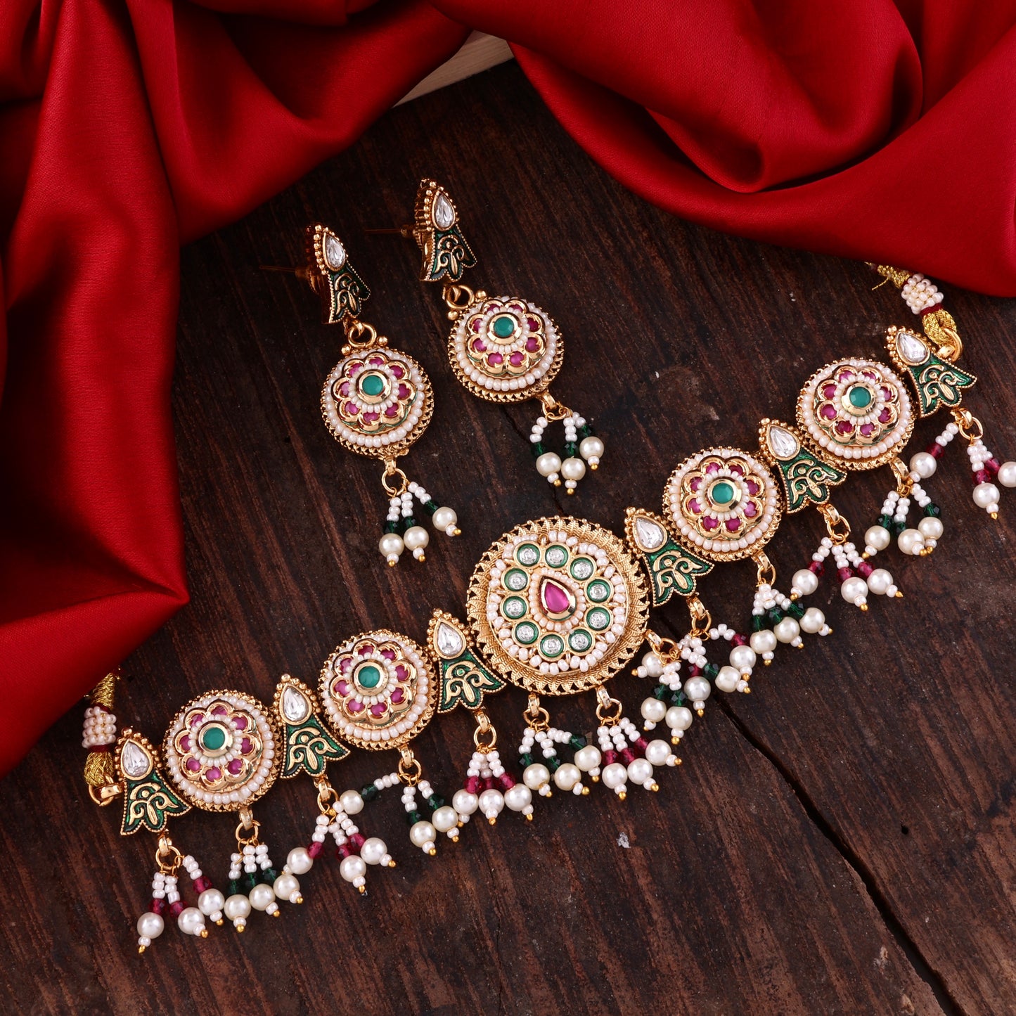 Green Pink Ahilya Rajwada Choker set with Earring