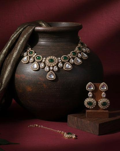 Green Kavita Premium Polki Dupe Necklace with Earring and Teeka