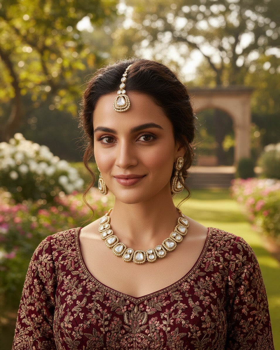Silver Zorawar Premium Polki Dupe Necklace with Earring and Teeka