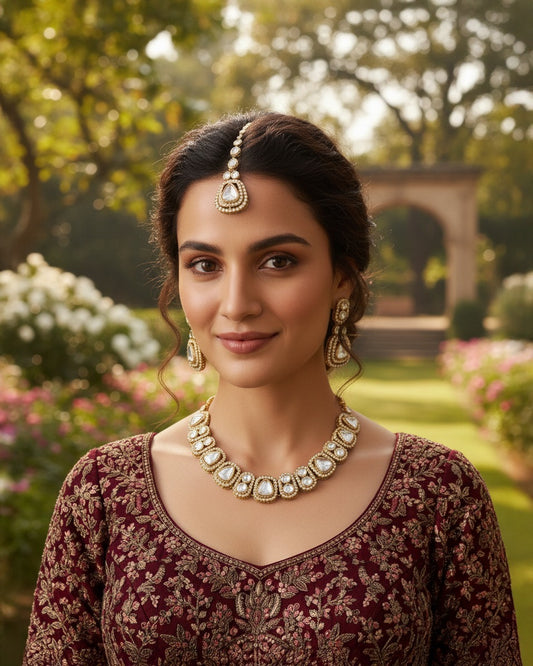 Silver Zorawar Premium Polki Dupe Necklace with Earring and Teeka