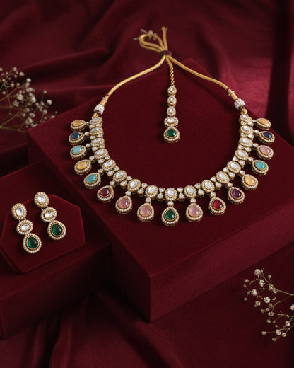Multi Nivaya Premium Polki Dupe Necklace with Earring and Teeka