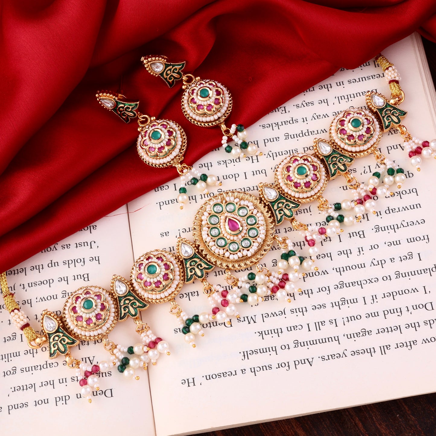 Green Pink Ahilya Rajwada Choker set with Earring