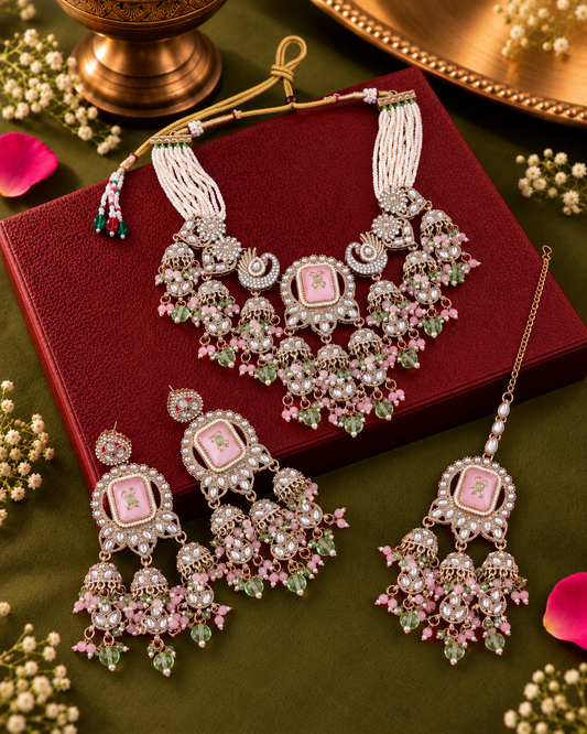 Blush Pastel Ruhisha Premium Sabya Inspired Monalisa Necklace Set with Earring & Teeka