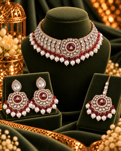 Maroon Saadika Premium Sabya Inspired Monalisa Necklace Set with Earring & Teeka