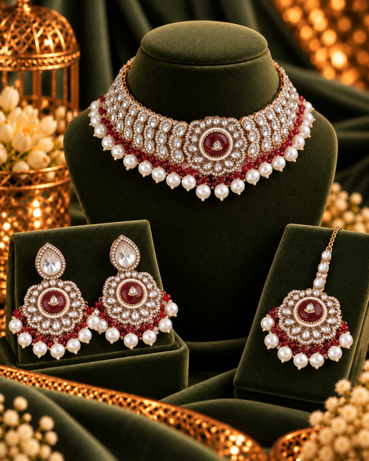 Maroon Saadika Premium Sabya Inspired Monalisa Necklace Set with Earring & Teeka