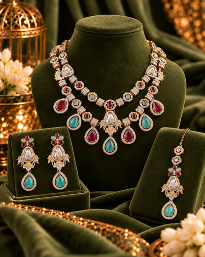 Mint Ruby Amrita Premium Sabya Inspired Necklace Set with Earring & Teeka