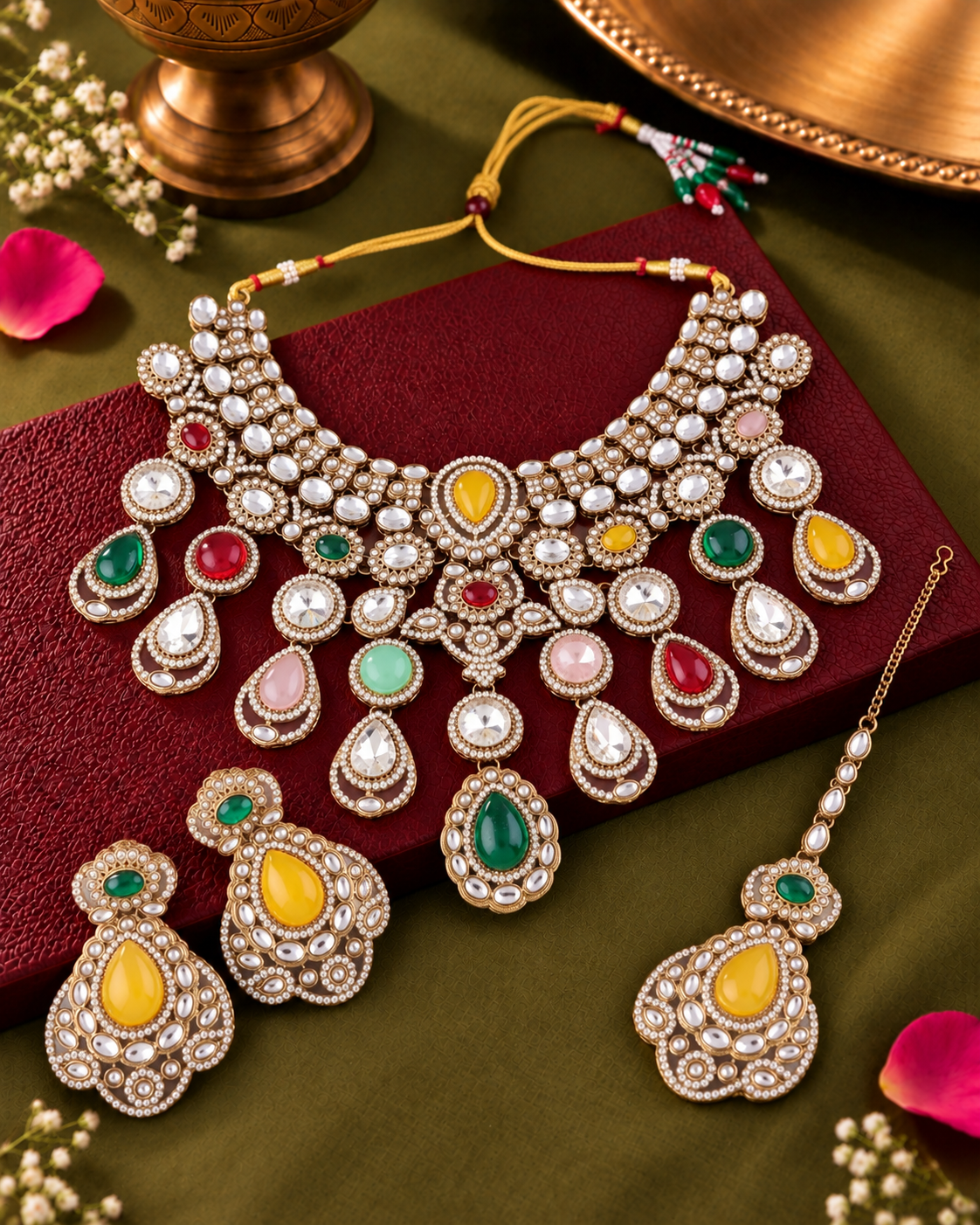 Multi Nimishu Premium Polki Dupe Necklace Set with Earring & Mangteeka