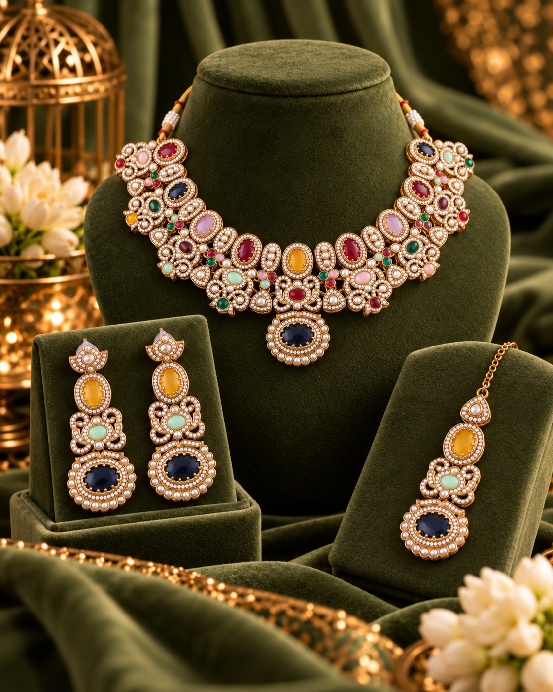 Multi Arshana Premium Sabya Inspired Necklace Set with Earring & Teeka