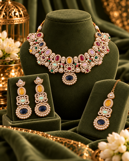 Multi Arshana Premium Sabya Inspired Necklace Set with Earring & Teeka