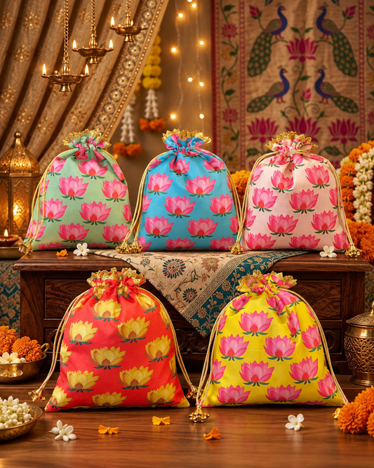 Pack of 5 Lotus Print Potli Bags | Random Colour