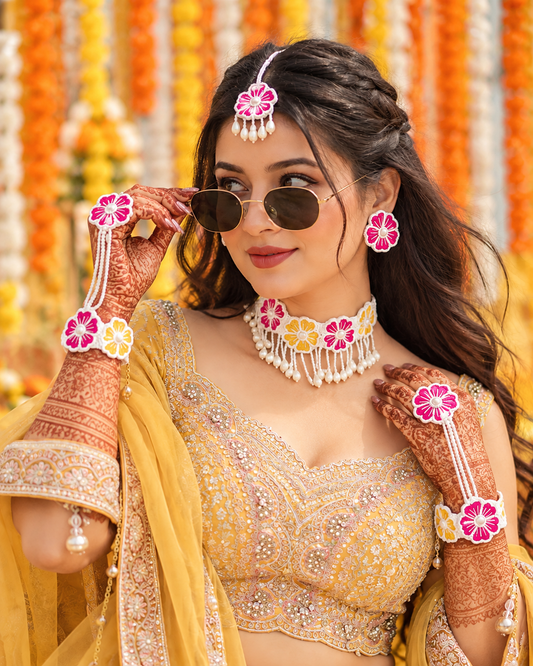 Pink Yellow Kohinoora Handmade Jewellery For Haldi & Mehendi