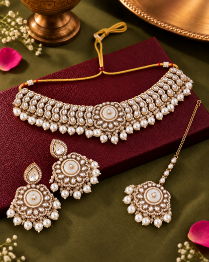 Ivory Saadika Premium Sabya Inspired Monalisa Necklace Set with Earring & Teeka