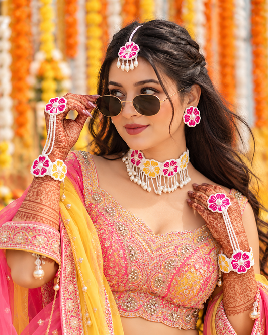 Pink Yellow Kohinoora Handmade Jewellery For Haldi & Mehendi