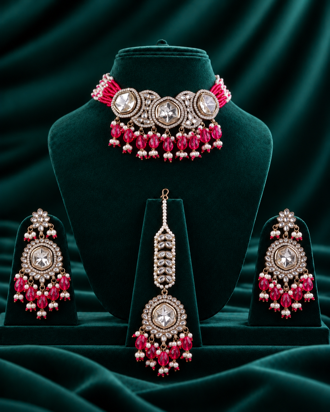 Pink Aaradhika Premium Polki Dupe Choker Necklace With Earring & Teeka