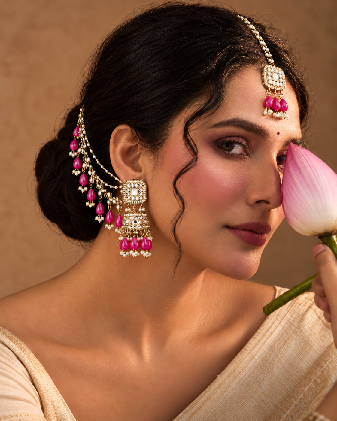 Pink Aayat Mirror Bahubali Jhumka with Statement Kaan Chain and Teeka