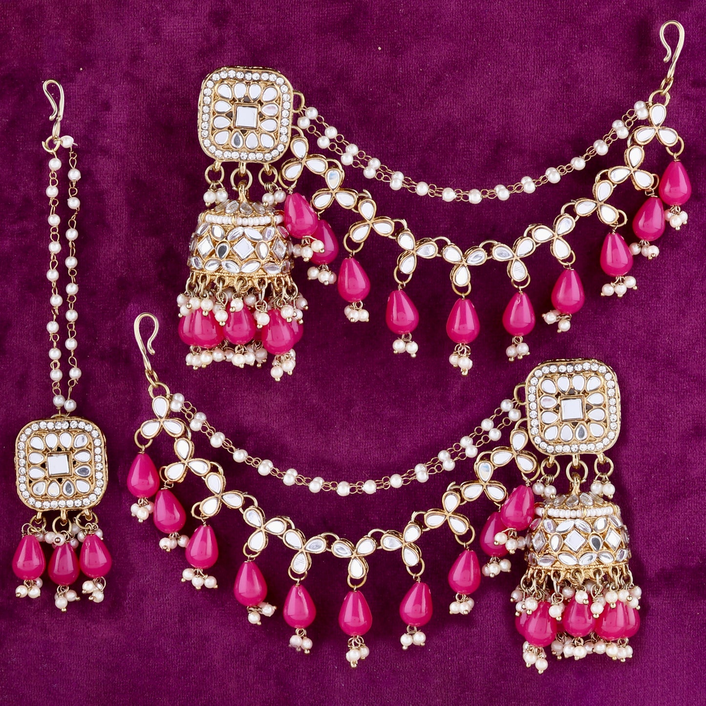 Pink Aayat Mirror Bahubali Jhumka with Statement Kaan Chain and Teeka