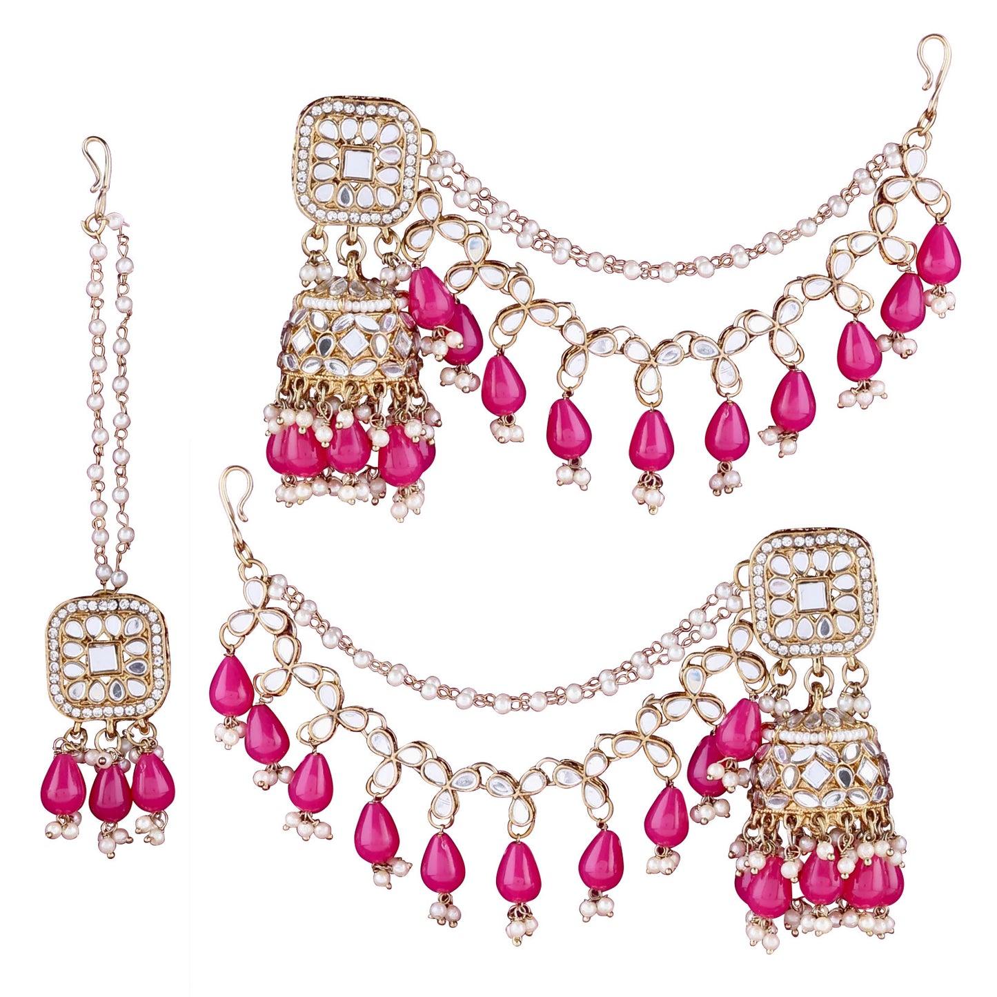 Pink Aayat Mirror Bahubali Jhumka with Statement Kaan Chain and Teeka