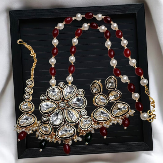 Maroon Paarvi Premium Long Pendant Set with Earring and Teeka