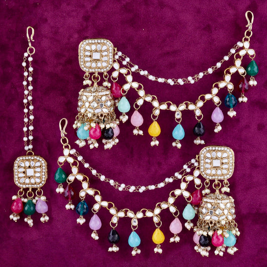 Multi Aayat Mirror Bahubali Jhumka with Statement Kaan Chain and Teeka