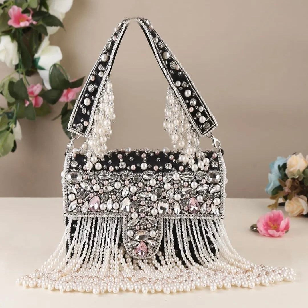 Black Charlie Rhinestone Pearl String Flap Clutch