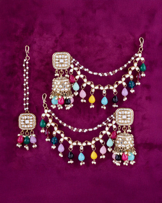 Multi Aayat Mirror Bahubali Jhumka with Statement Kaan Chain and Teeka
