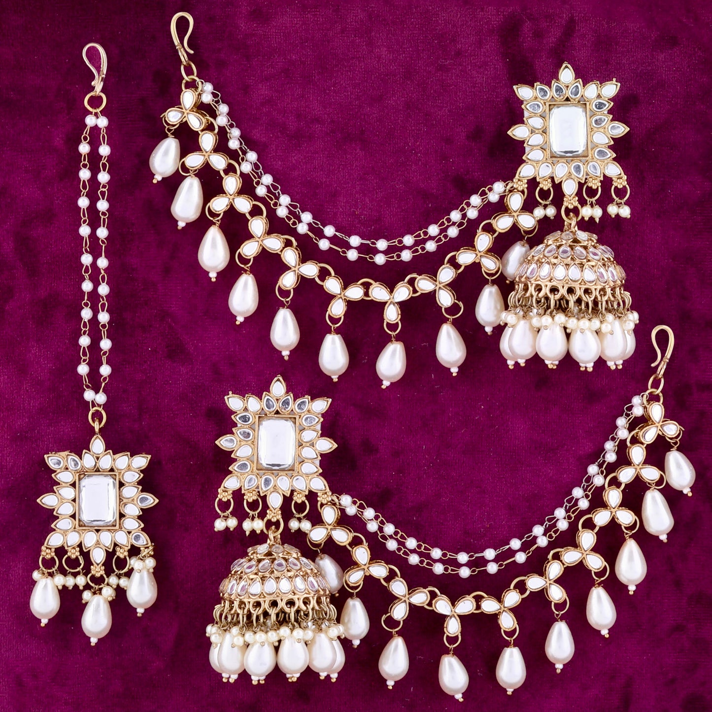 Kaur Mirror Bahubali Jhumka with Statement Kaan Chain and Teeka