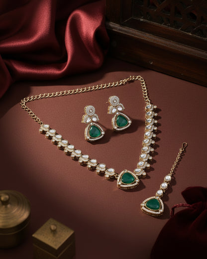 Emerald Adhvika Designer Monalisa and Zircone Necklace Set with Earring & Teeka