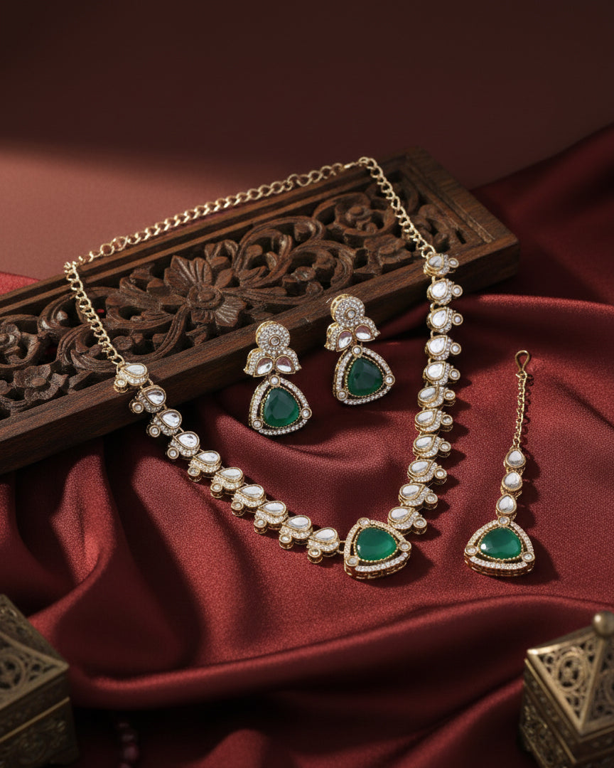 Emerald Adhvika Designer Monalisa and Zircone Necklace Set with Earring & Teeka