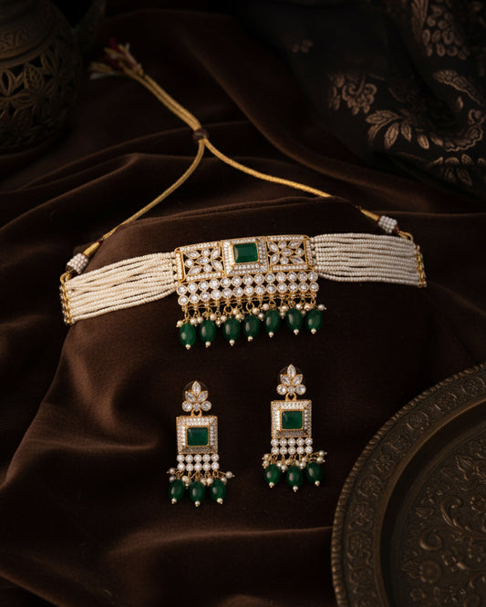Green Swapan Choker Necklace & Earring Set