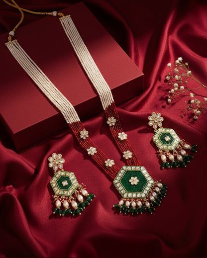 Green Maroon Neelika Long Necklace Set with Earring