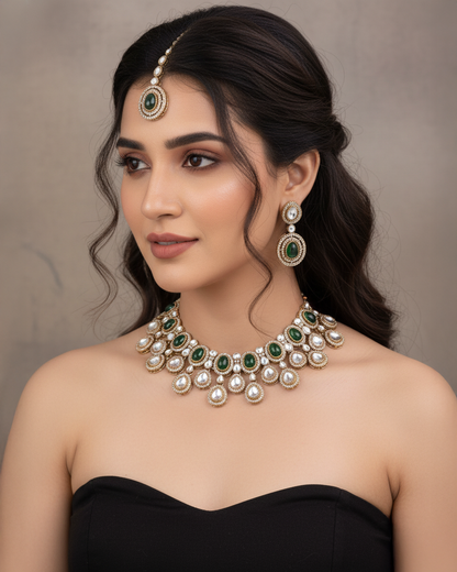 Green Sehaj Premium Polki Dupe Necklace with Earring and Teeka