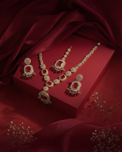 Red Naavir Premium Polki Dupe Long Necklace with Earring and Teeka
