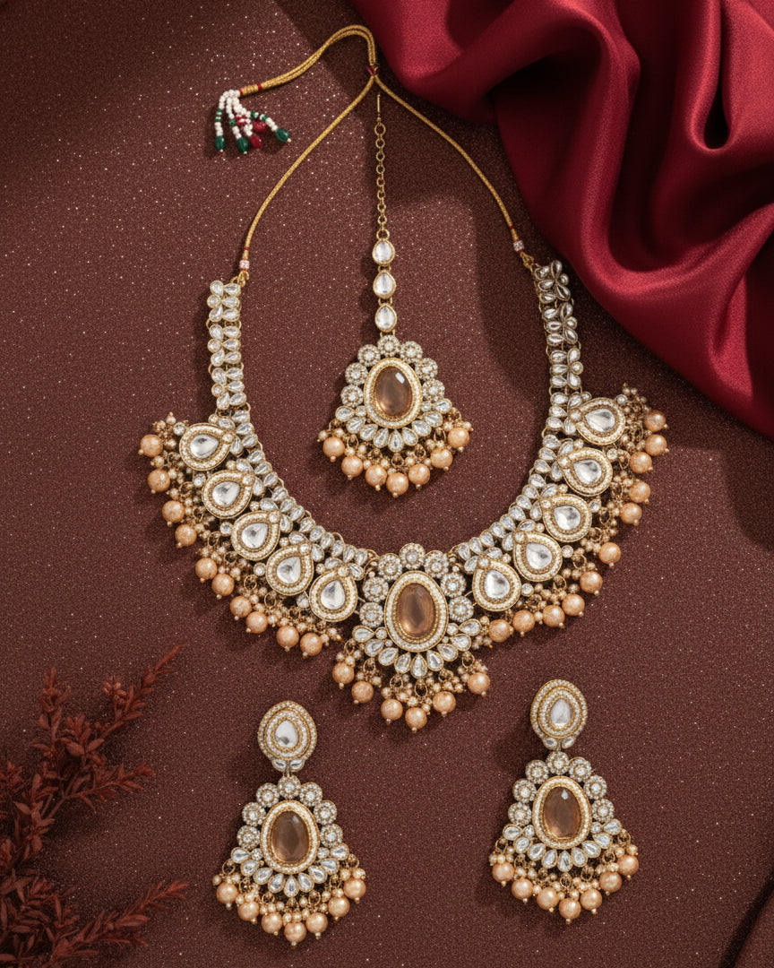 Gold Kavisha Premium Polki Dupe Necklace Set with Earring and Teeka