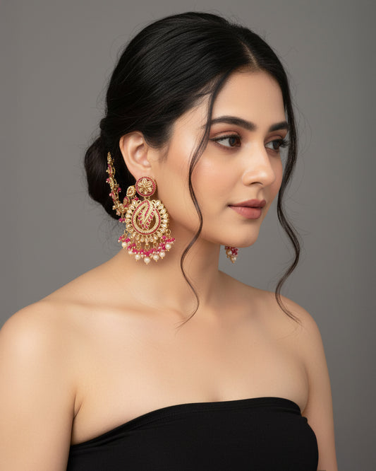 Pink Arajashree Bahubali Chandbali with Sahara