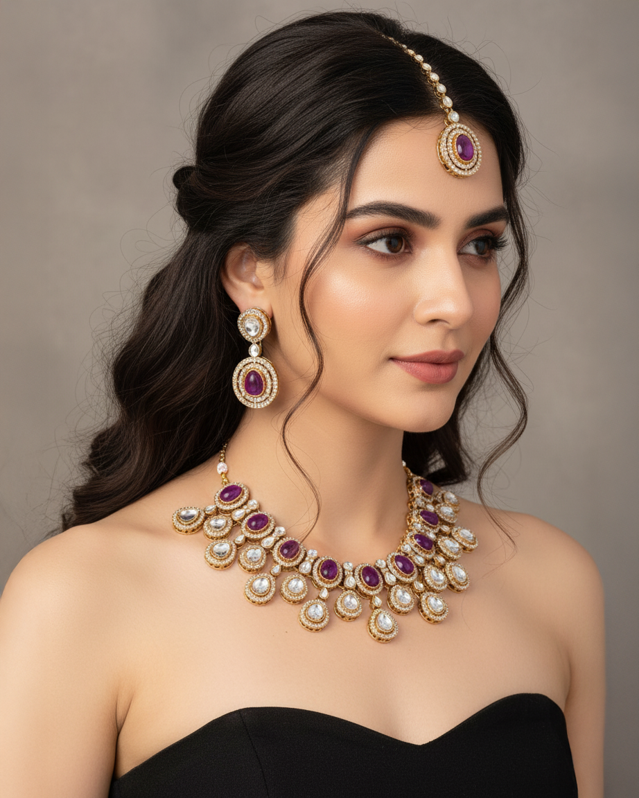 Purple Sehaj Premium Polki Dupe Necklace with Earring and Teeka
