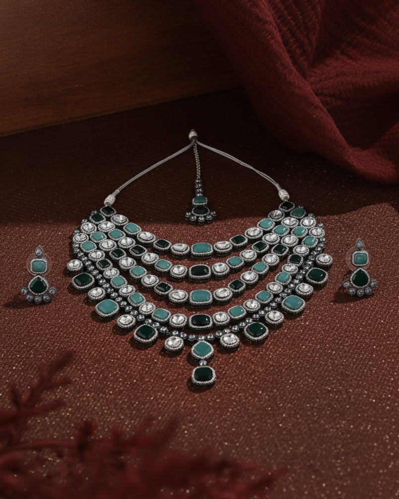 Mix Green Parineeti Wedding Necklace Set - Black