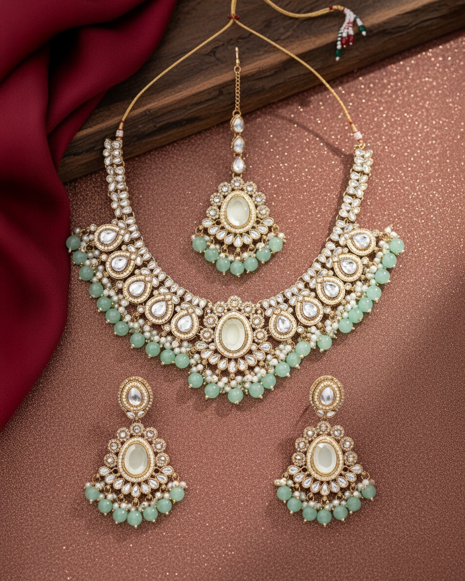 Mint Kavisha Premium Polki Dupe Necklace Set with Earring and Teeka