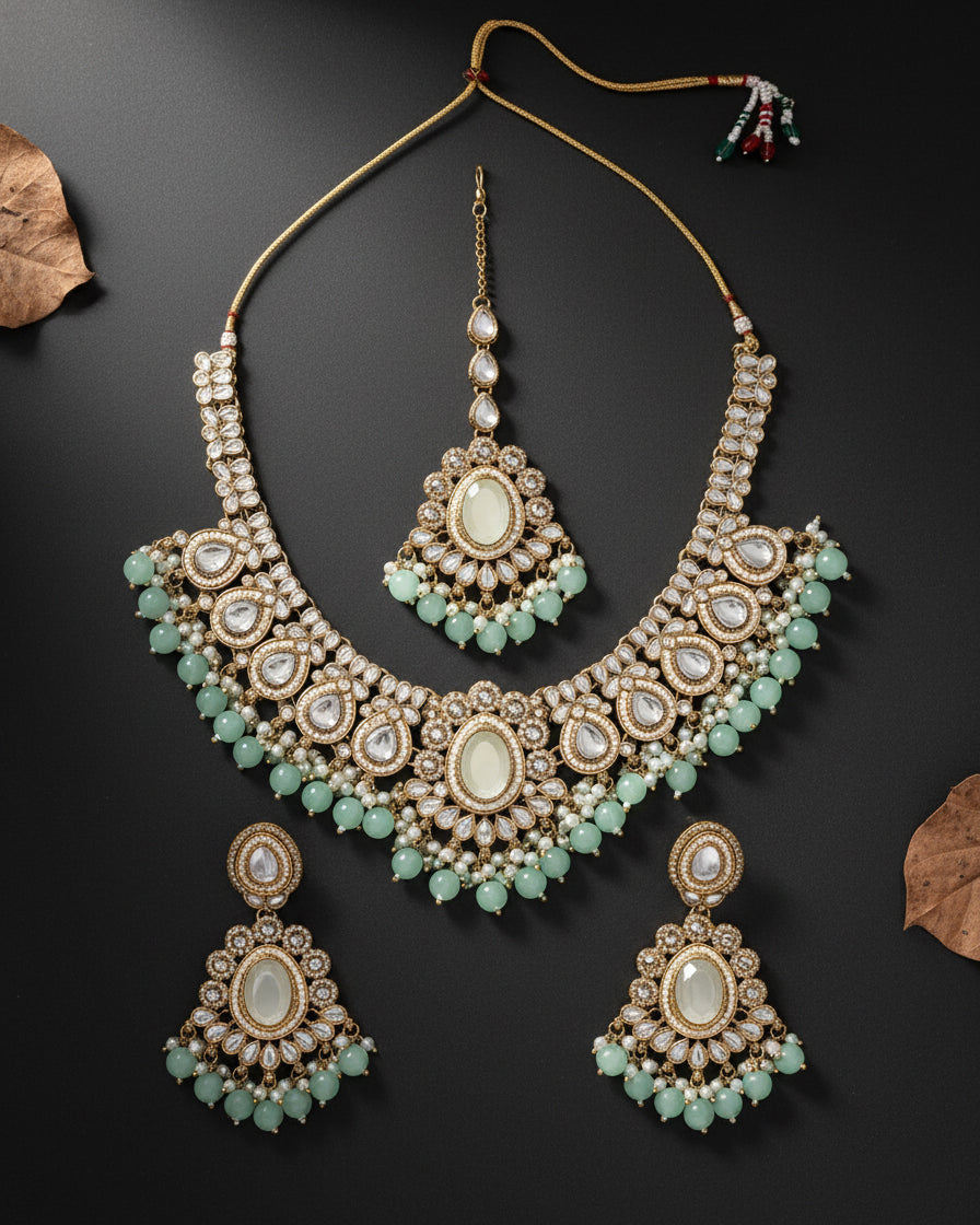 Mint Kavisha Premium Polki Dupe Necklace Set with Earring and Teeka
