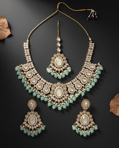 Mint Kavisha Premium Polki Dupe Necklace Set with Earring and Teeka