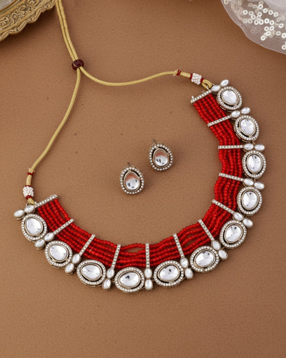 Red Darvesh Zircone Polki Dupe Pearl Necklace with Earring