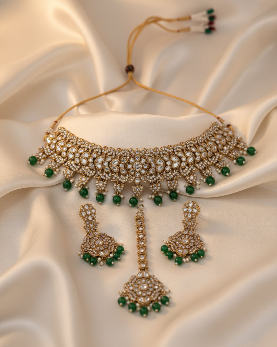 Green Shravya Premium Necklace Set with Earring and Teeka