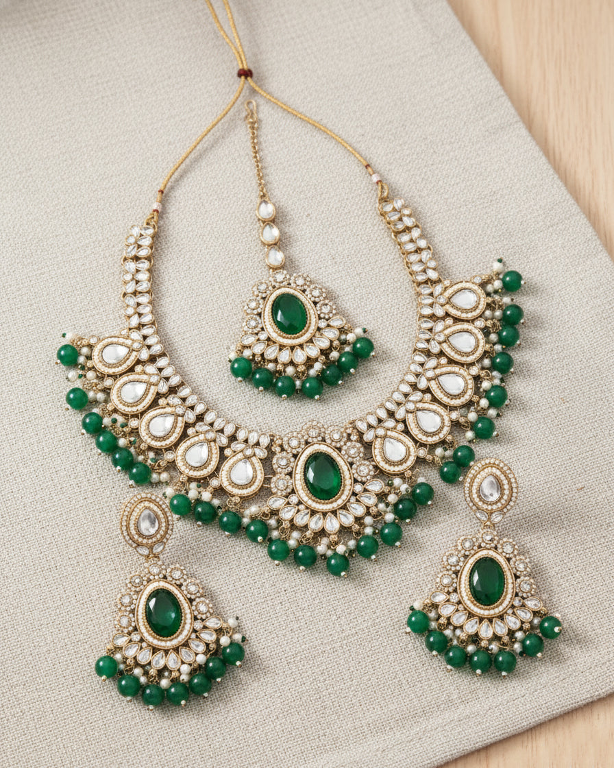 Green Kavisha Premium Polki Dupe Necklace Set with Earring and Teeka